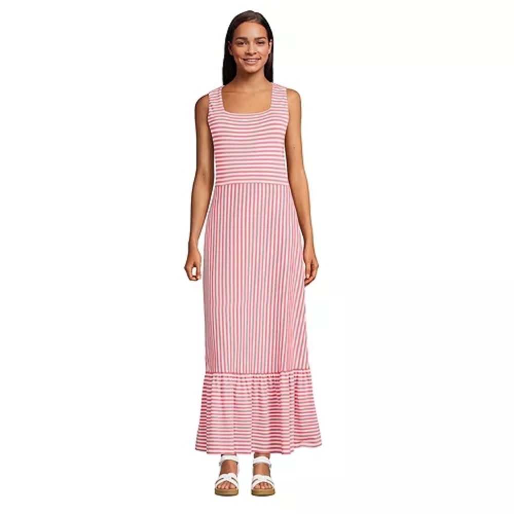 Lands' End Orange White Striped Maxi Sundress – Summer Beach Resort Cotton Blend